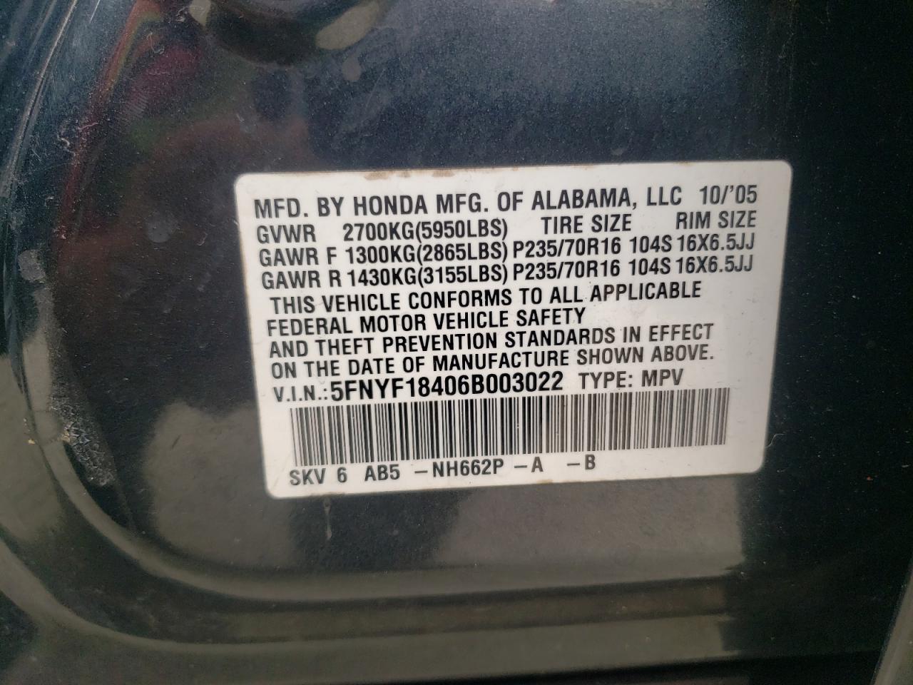 2006 Honda Pilot Ex VIN: 5FNYF18406B003022 Lot: 62524645