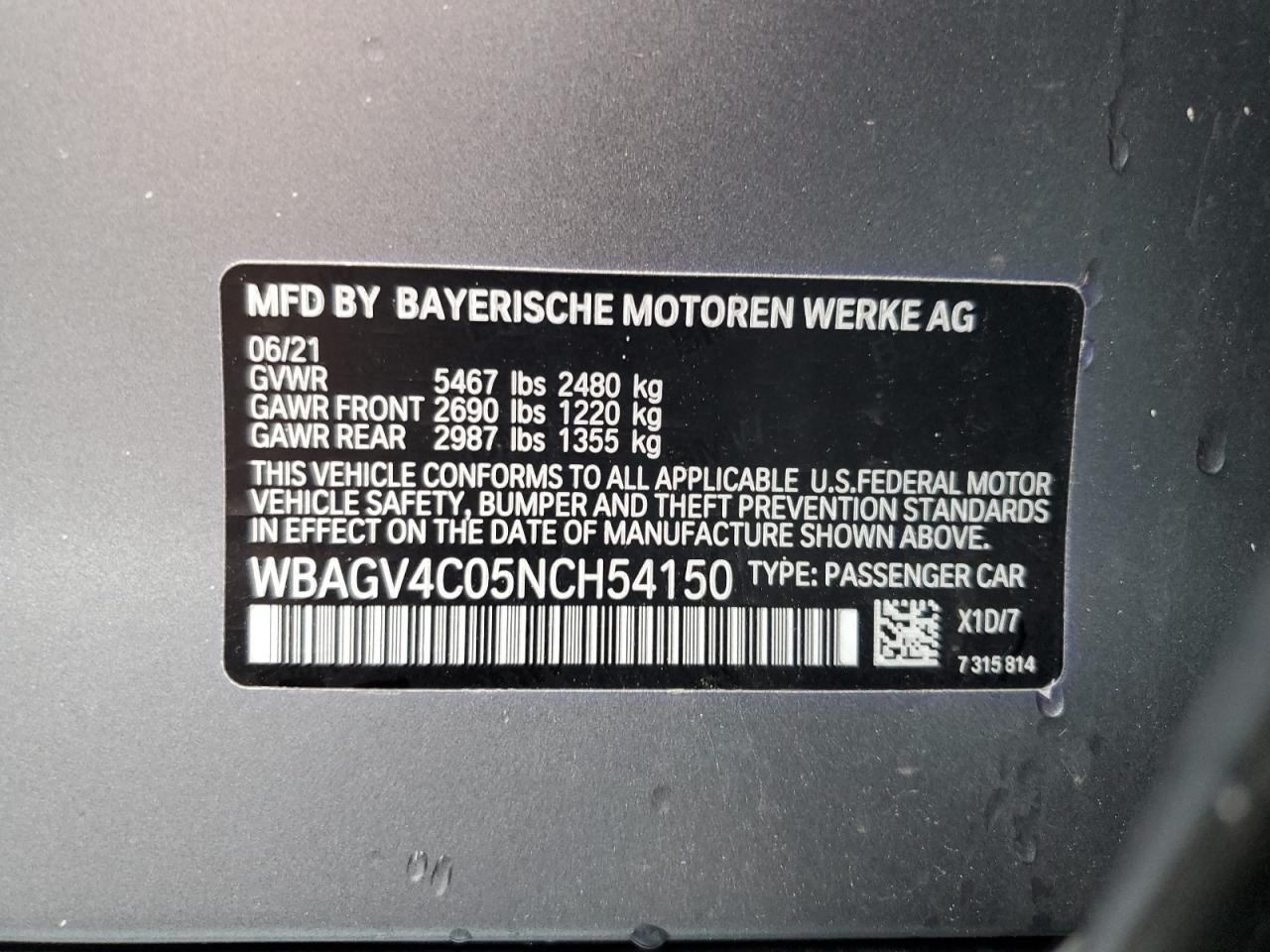 2022 BMW 840Xi VIN: WBAGV4C05NCH54150 Lot: 62773975
