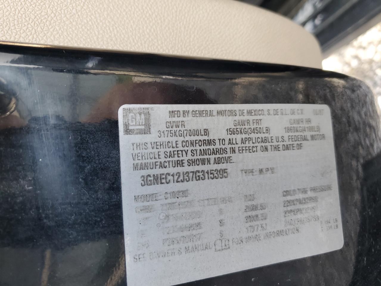 2007 Chevrolet Avalanche C1500 VIN: 3GNEC12J37G315395 Lot: 61864445