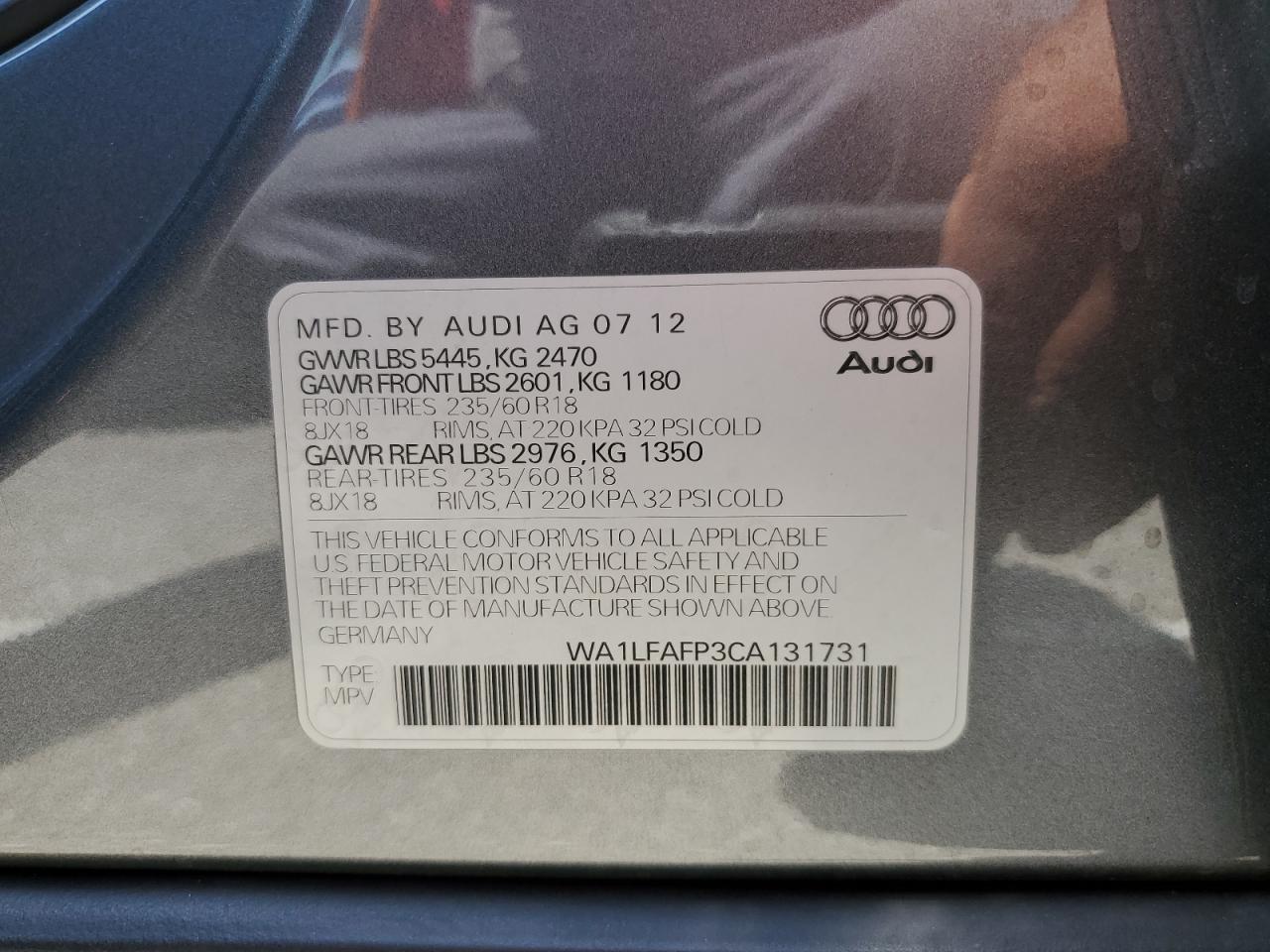 2012 Audi Q5 Premium Plus VIN: WA1LFAFP3CA131731 Lot: 62381455