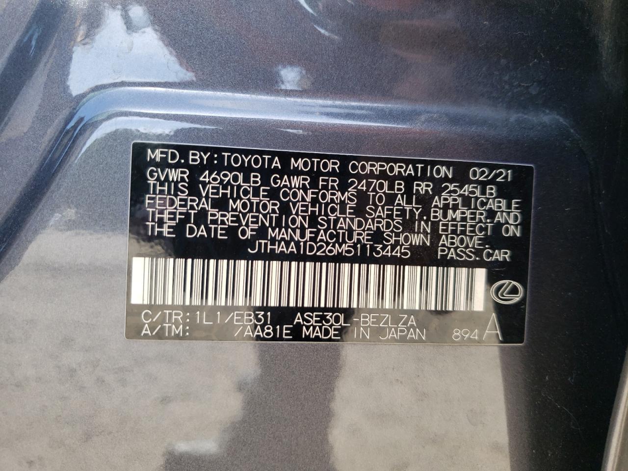 2021 Lexus Is 300 VIN: JTHAA1D26M5113445 Lot: 60996665