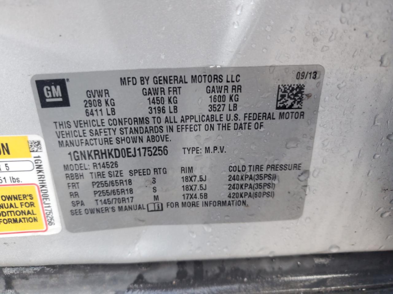 2014 Chevrolet Traverse Lt VIN: 1GNKRHKD0EJ175256 Lot: 62318705