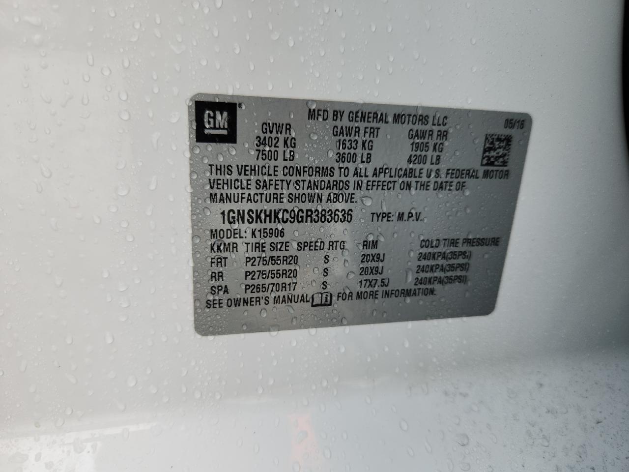 2016 Chevrolet Suburban K1500 Lt VIN: 1GNSKHKC9GR383636 Lot: 59916585