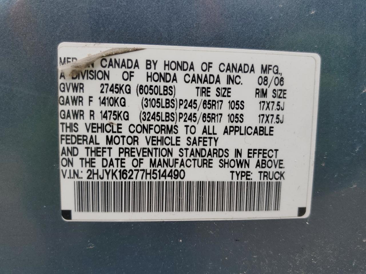 2hjyk16277h514490 2HJYK16277H514490 2007 Honda Ridgeline Rt