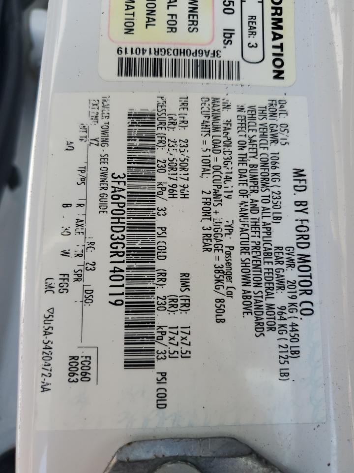 2016 Ford Fusion Se VIN: 3FA6P0HD3GR140119 Lot: 62860675
