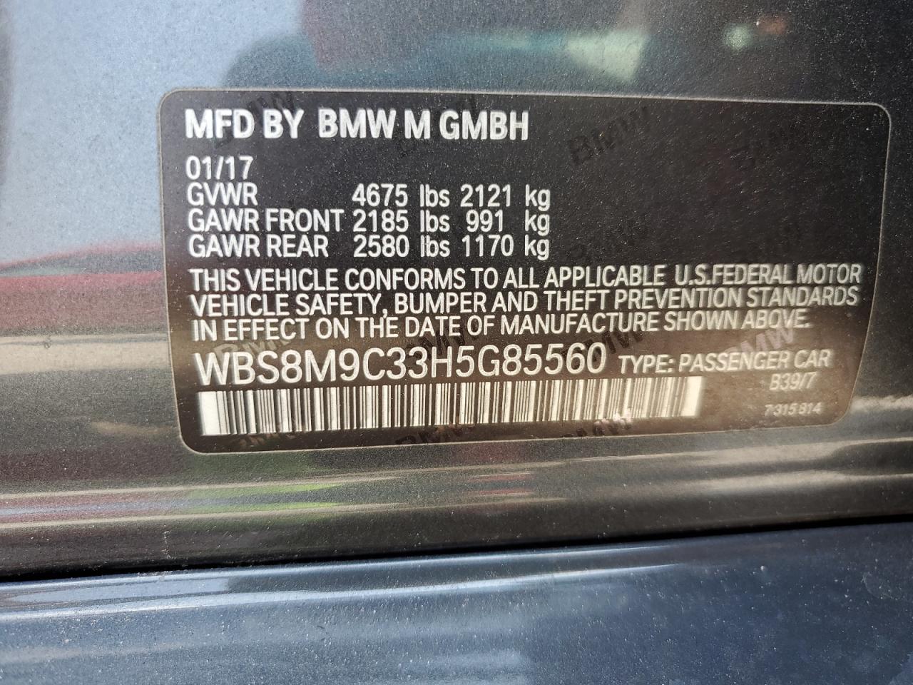 2017 BMW M3 VIN: WBS8M9C33H5G85560 Lot: 62140155