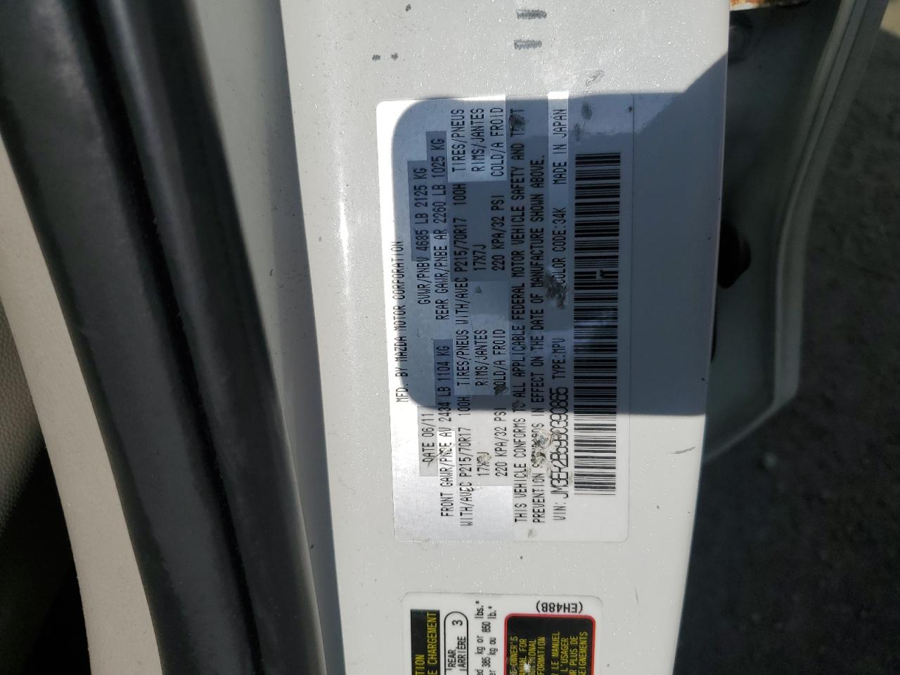 2011 Mazda Cx-7 VIN: JM3ER2B59B0390865 Lot: 61001025
