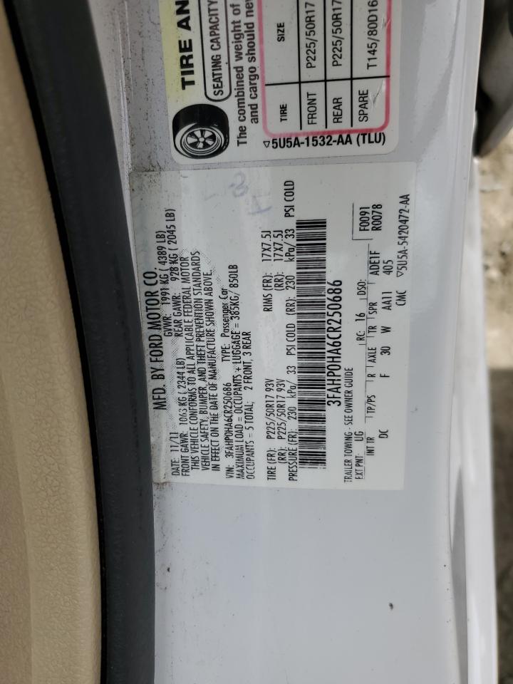 2012 Ford Fusion Se VIN: 3FAHP0HA6CR250686 Lot: 61058135