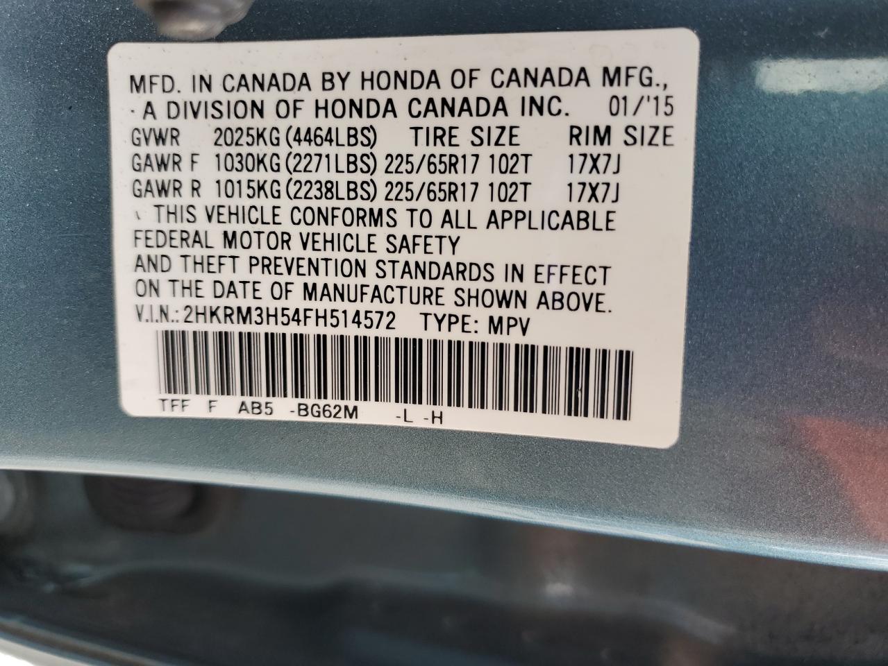 2015 Honda Cr-V Ex VIN: 2HKRM3H54FH514572 Lot: 62664785