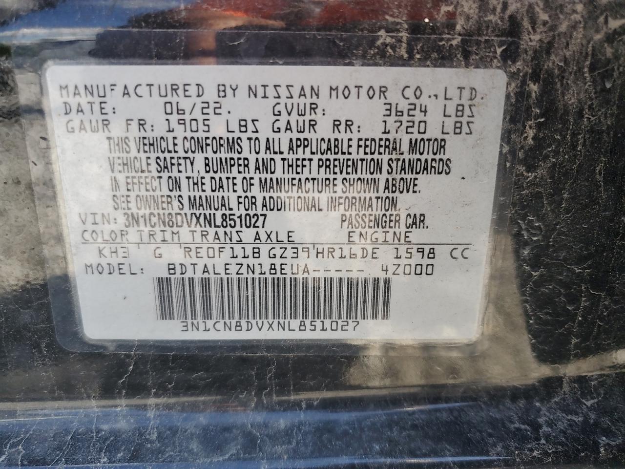 2022 Nissan Versa S VIN: 3N1CN8DVXNL851027 Lot: 60566675