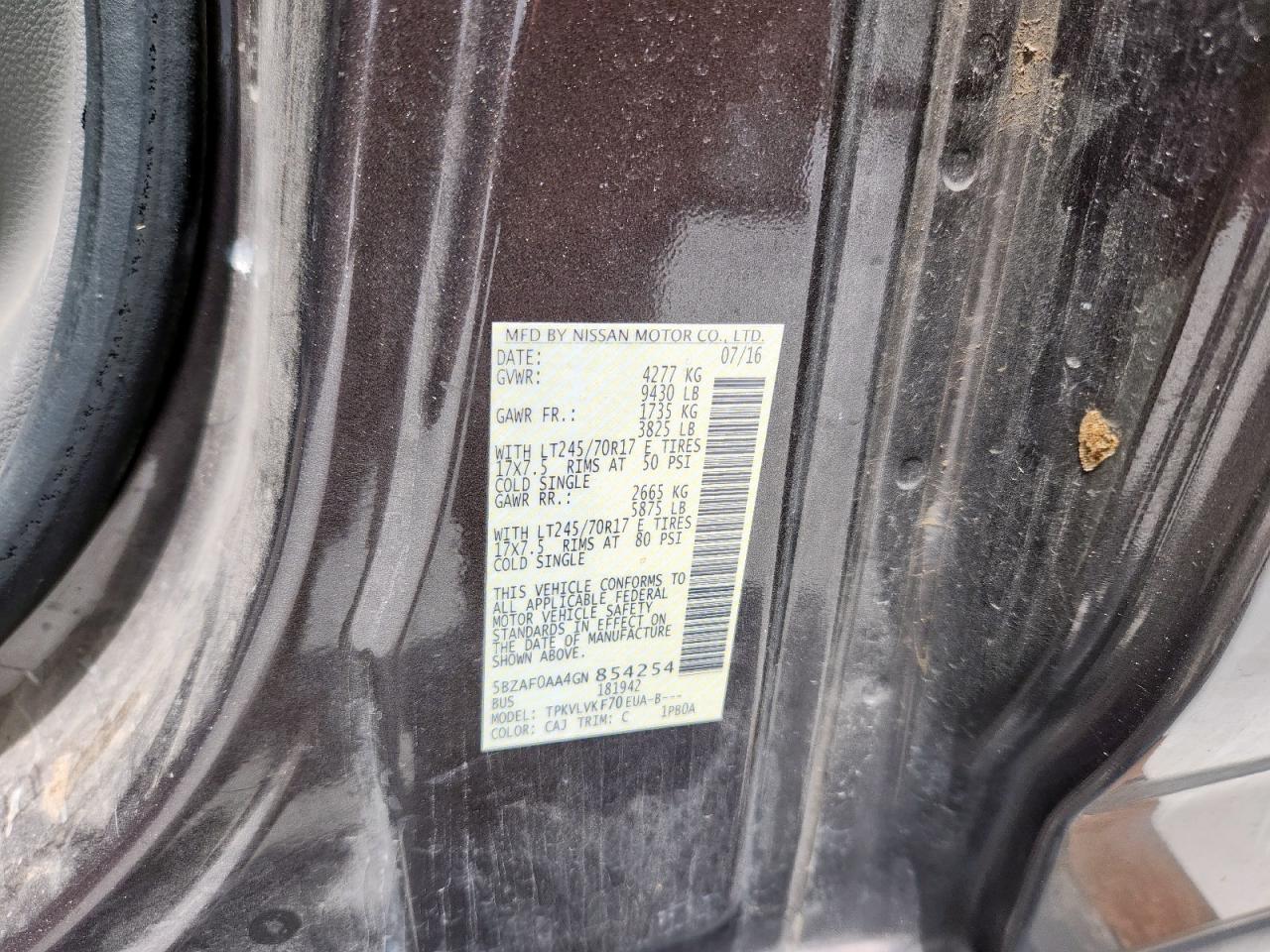 2016 Nissan Nv 3500 S VIN: 5BZAF0AA4GN854254 Lot: 61293115