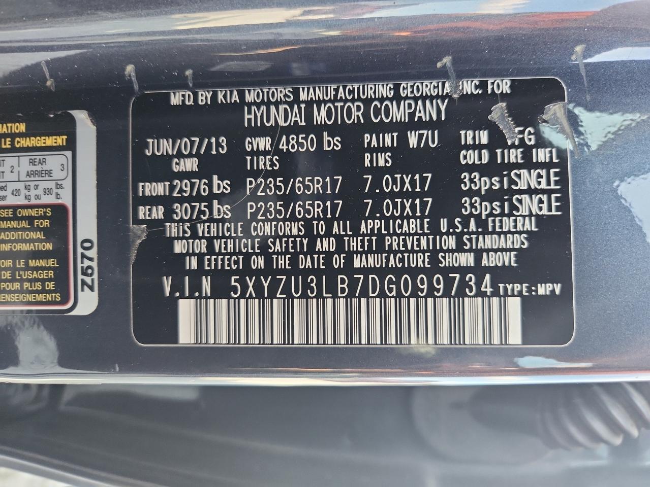 2013 Hyundai Santa Fe Sport VIN: 5XYZU3LB7DG099734 Lot: 62945805