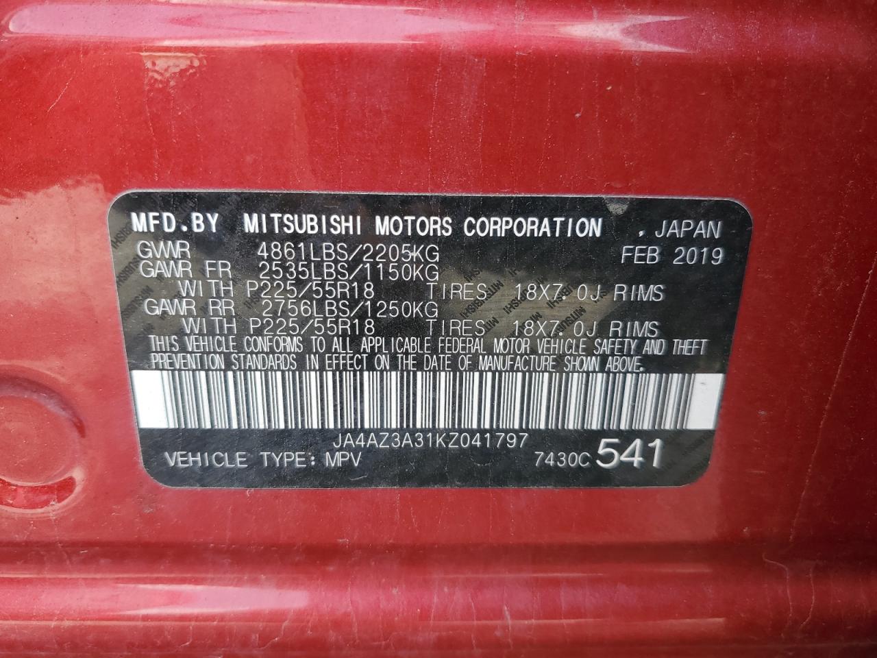 2019 Mitsubishi Outlander Se VIN: JA4AZ3A31KZ041797 Lot: 62179705
