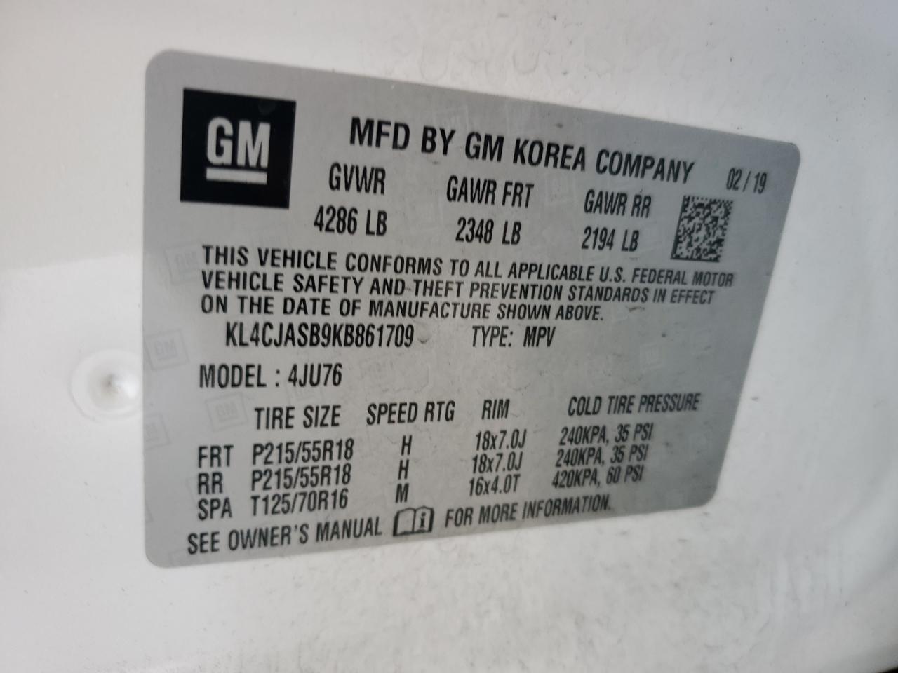 2019 Buick Encore Preferred VIN: KL4CJASB9KB861709 Lot: 63059805