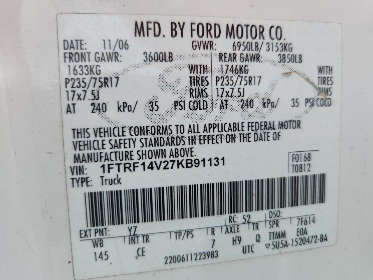 2007 Ford F150 VIN: 1FTRF14V27KB91131 Lot: 62780685