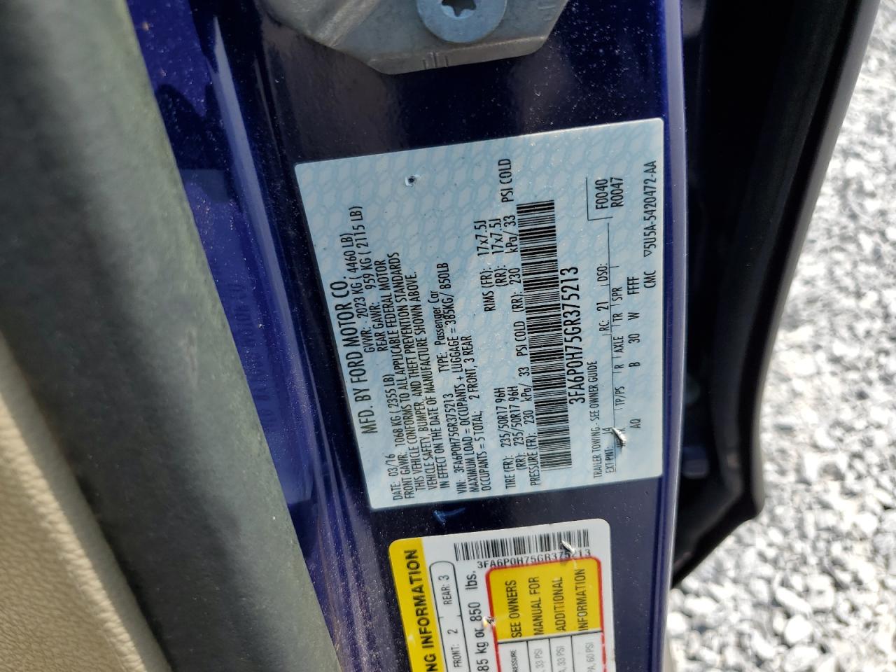 3FA6P0H75GR375213 FORD FUSION 2016