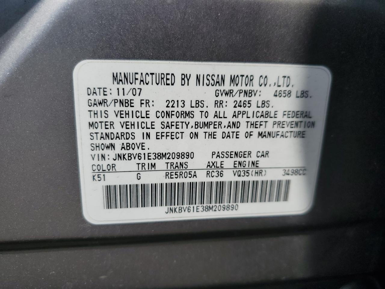 2008 Infiniti G35 VIN: JNKBV61E38M209890 Lot: 61869305