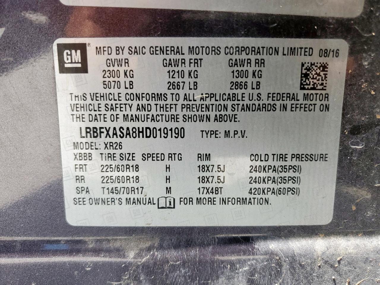 2017 Buick Envision Preferred VIN: LRBFXASA8HD019190 Lot: 62942275