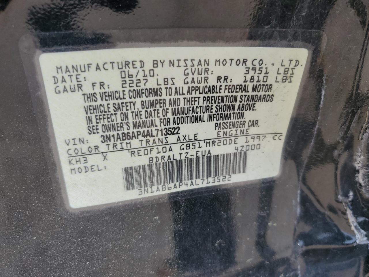 3N1AB6AP4AL713522 2010 Nissan Sentra 2.0