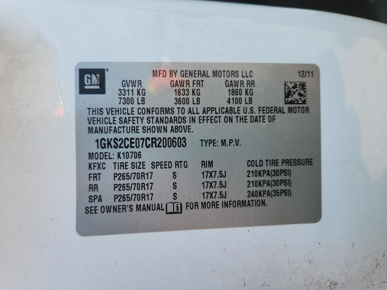 2012 GMC Yukon Slt VIN: 1GKS2CE07CR200603 Lot: 60792525