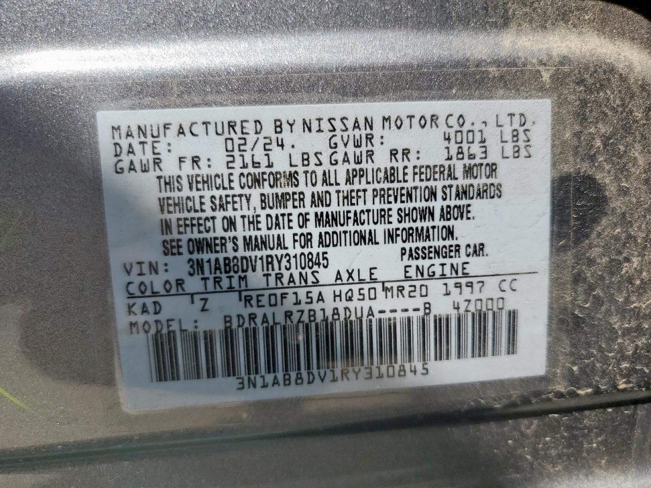 2024 Nissan Sentra Sr VIN: 3N1AB8DV1RY310845 Lot: 61861025