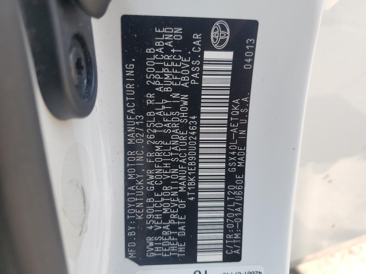 2013 Toyota Avalon Base VIN: 4T1BK1EB9DU024634 Lot: 62677485