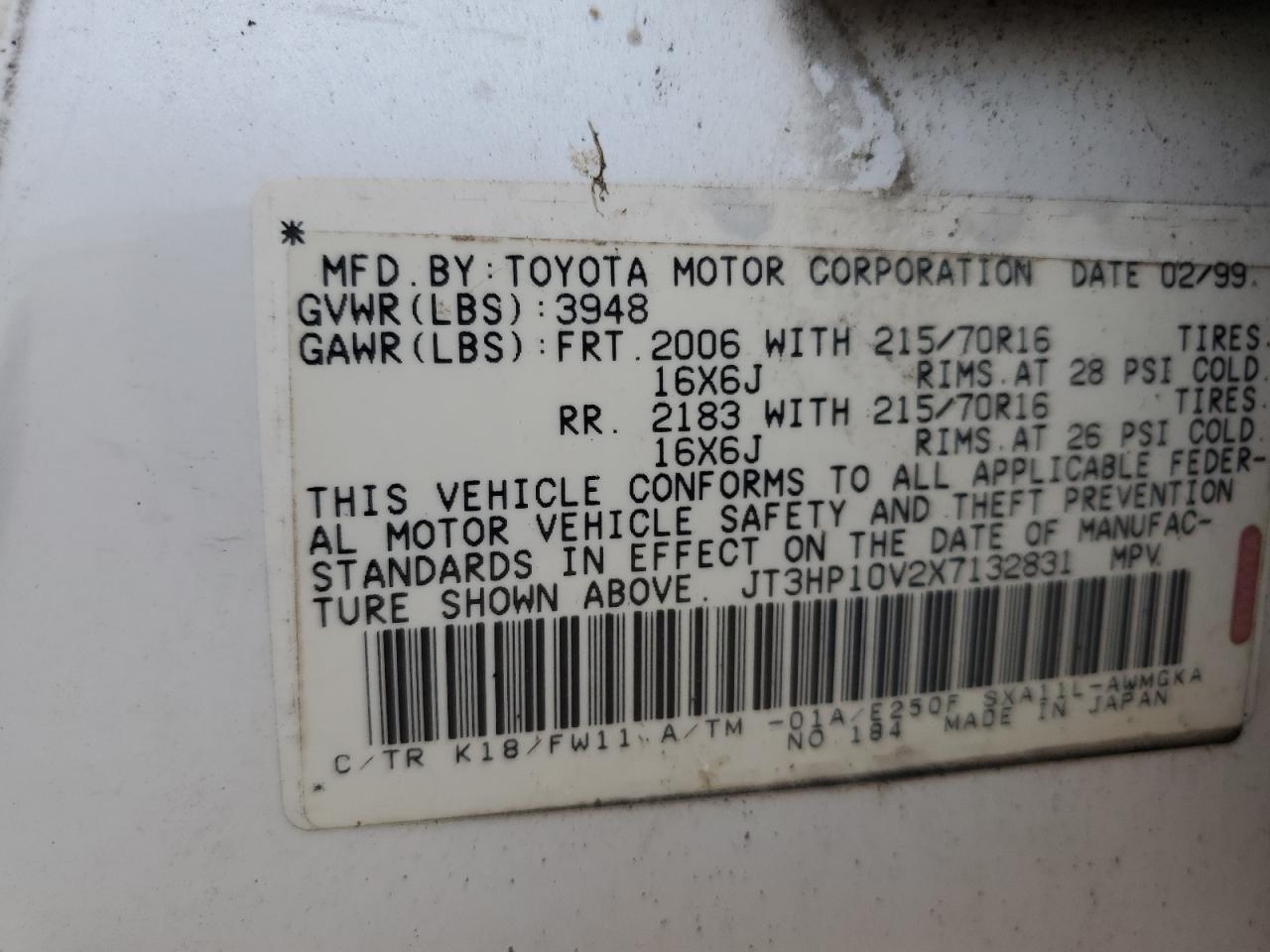 1999 Toyota Rav4 VIN: JT3HP10V2X7132831 Lot: 61091055