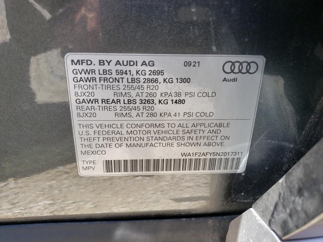 2022 Audi Q5 E Prestige 55 VIN: WA1F2AFY5N2017311 Lot: 59941885