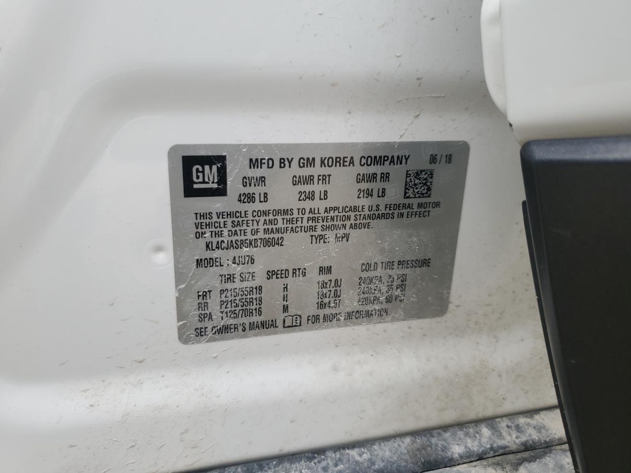 2019 Buick Encore Preferred VIN: KL4CJASB5KB706042 Lot: 62464695