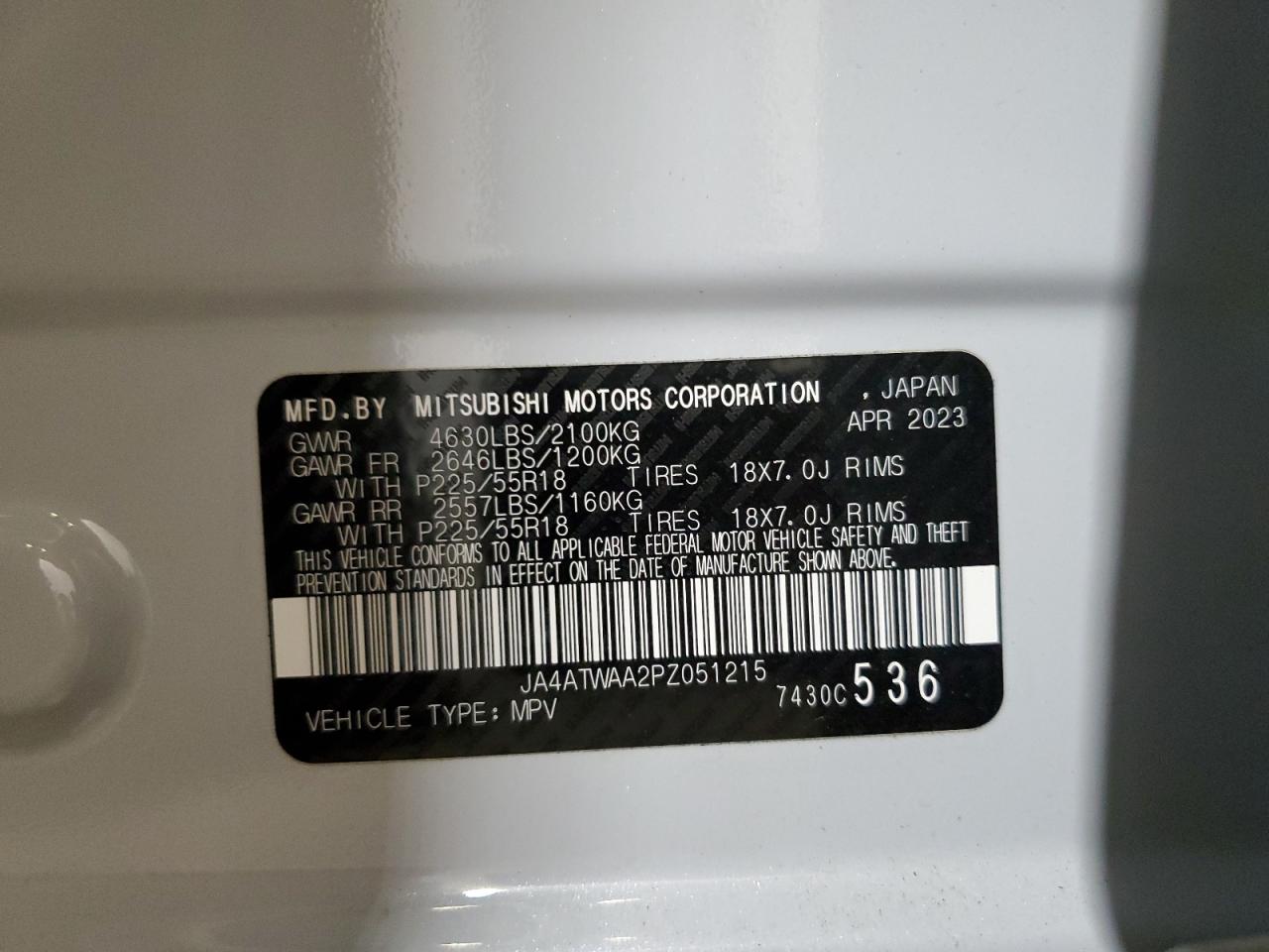 2023 Mitsubishi Eclipse Cross Se VIN: JA4ATWAA2PZ051215 Lot: 61580235