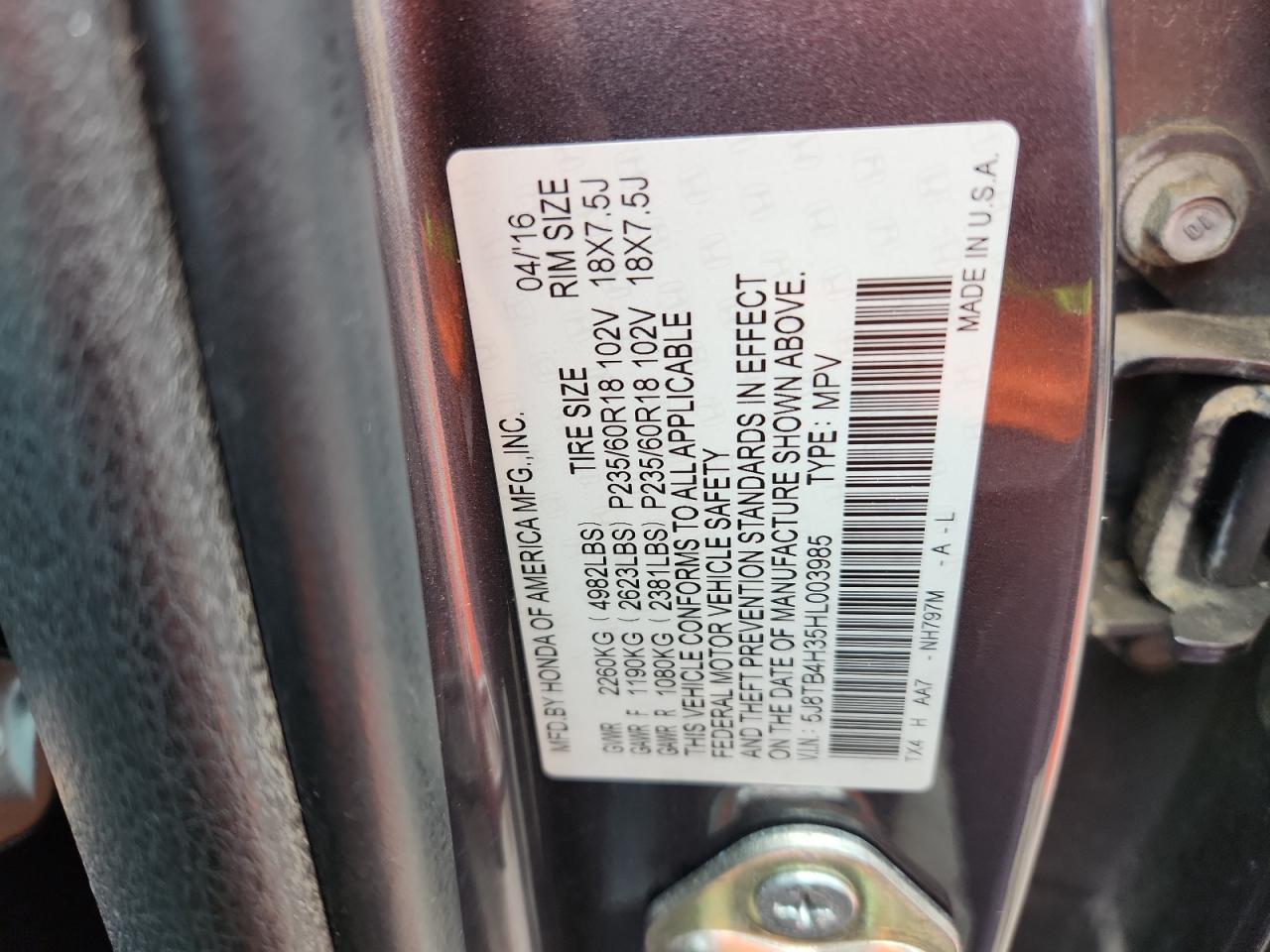 2017 Acura Rdx VIN: 5J8TB4H35HL003985 Lot: 62500005