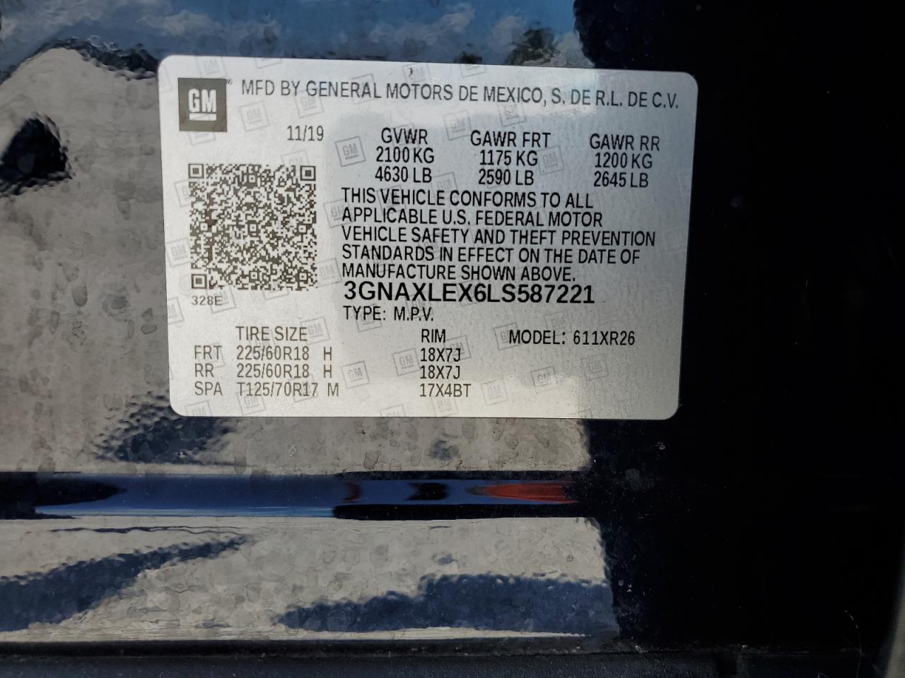 2020 Chevrolet Equinox Lt VIN: 3GNAXLEX6LS587221 Lot: 61214365