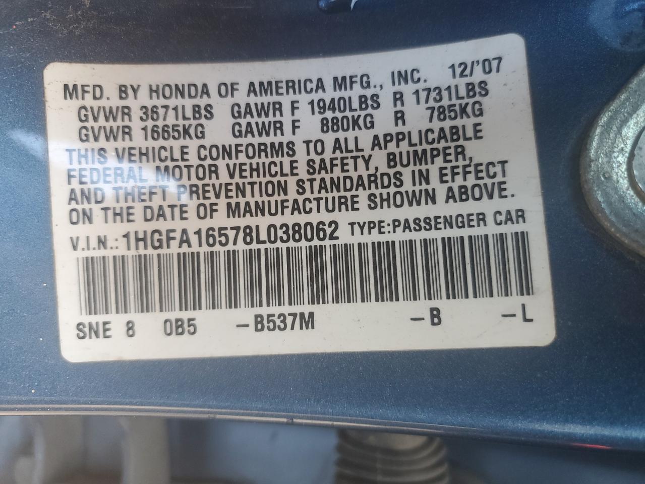 2008 Honda Civic Lx VIN: 1HGFA16578L038062 Lot: 84270495