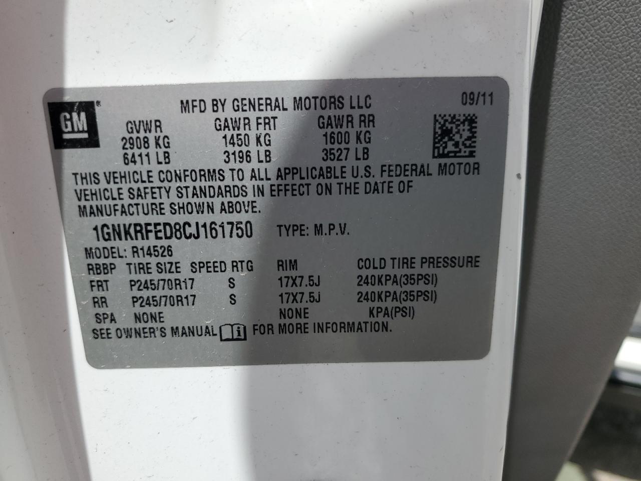 1GNKRFED8CJ161750 2012 Chevrolet Traverse Ls