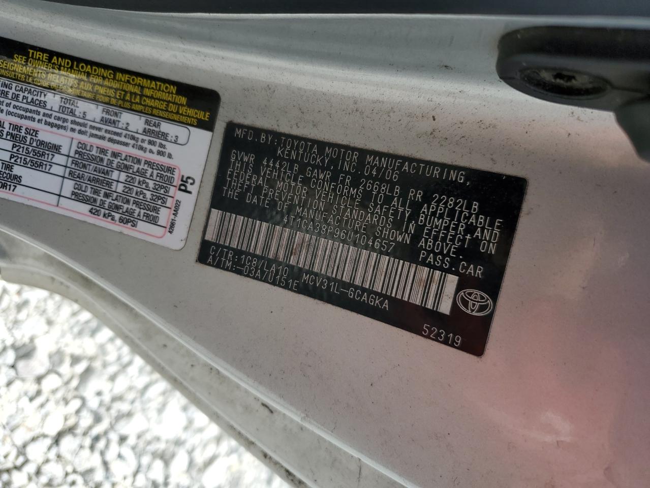 2006 Toyota Camry Solara Se VIN: 4T1CA38P96U104657 Lot: 63228945