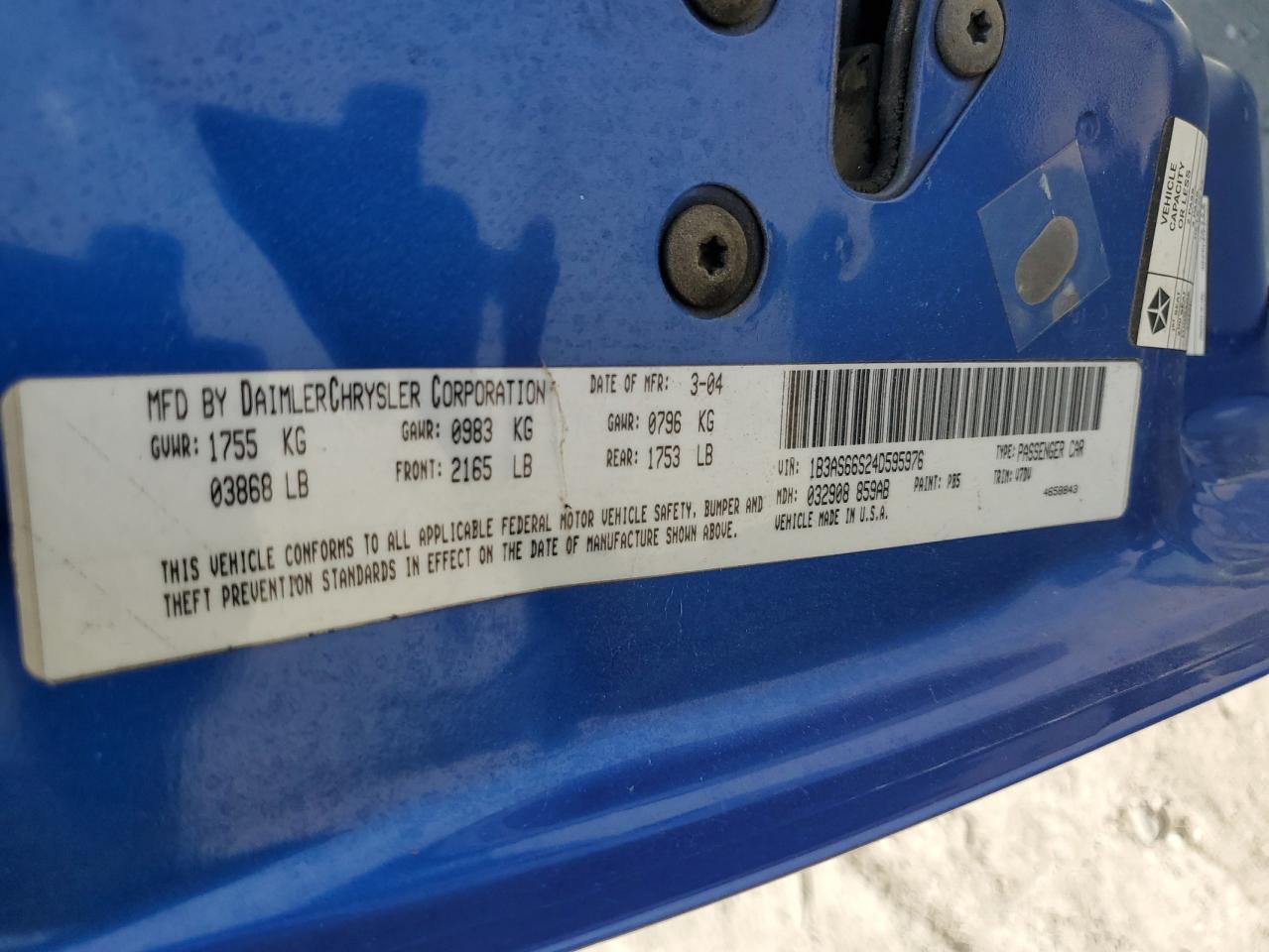2004 Dodge Neon Srt-4 VIN: 1B3AS66S24D595976 Lot: 61818645