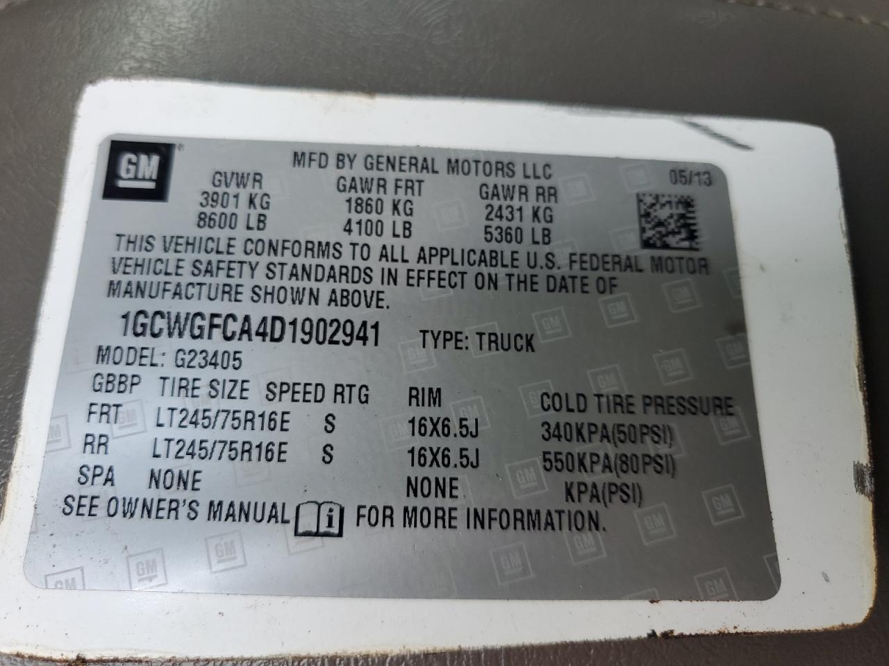 2013 Chevrolet Express G2500 VIN: 1GCWGFCA4D1902941 Lot: 62465715