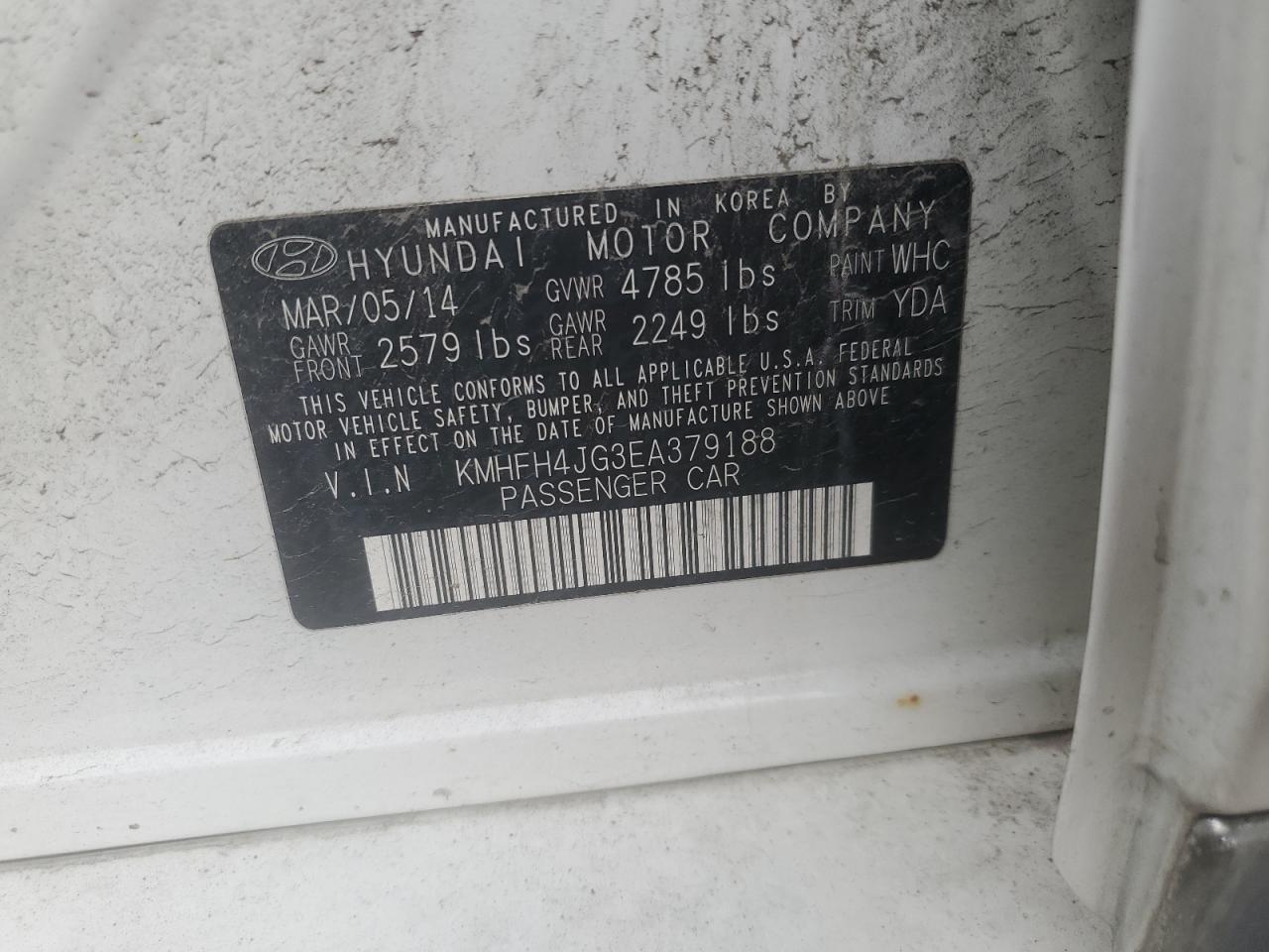 2014 Hyundai Azera Gls VIN: KMHFH4JG3EA379188 Lot: 62874875