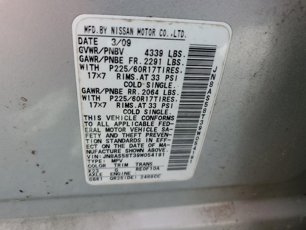 2009 Nissan Rogue S VIN: JN8AS58T39W054191 Lot: 61854455