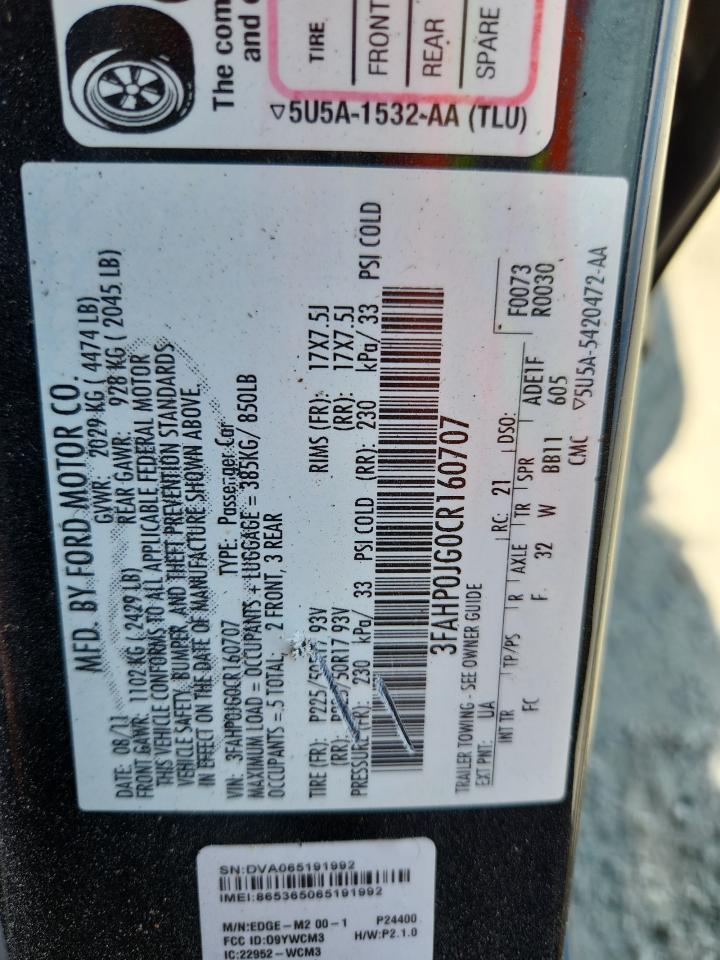 2012 Ford Fusion Sel VIN: 3FAHP0JG0CR160707 Lot: 62628115