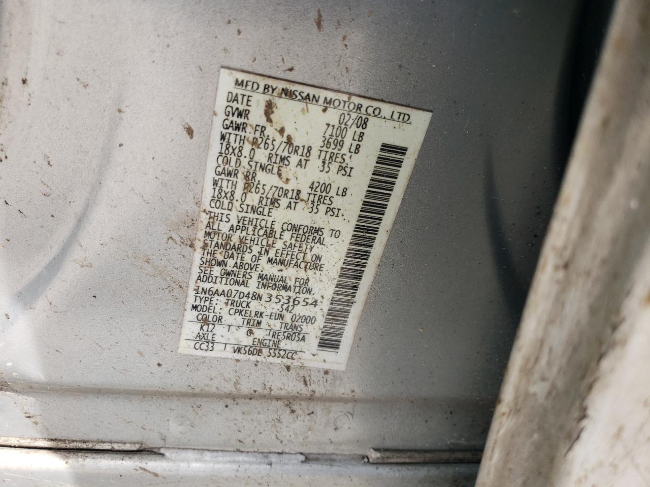 2008 Nissan Titan Xe VIN: 1N6AA07D48N353654 Lot: 59160475