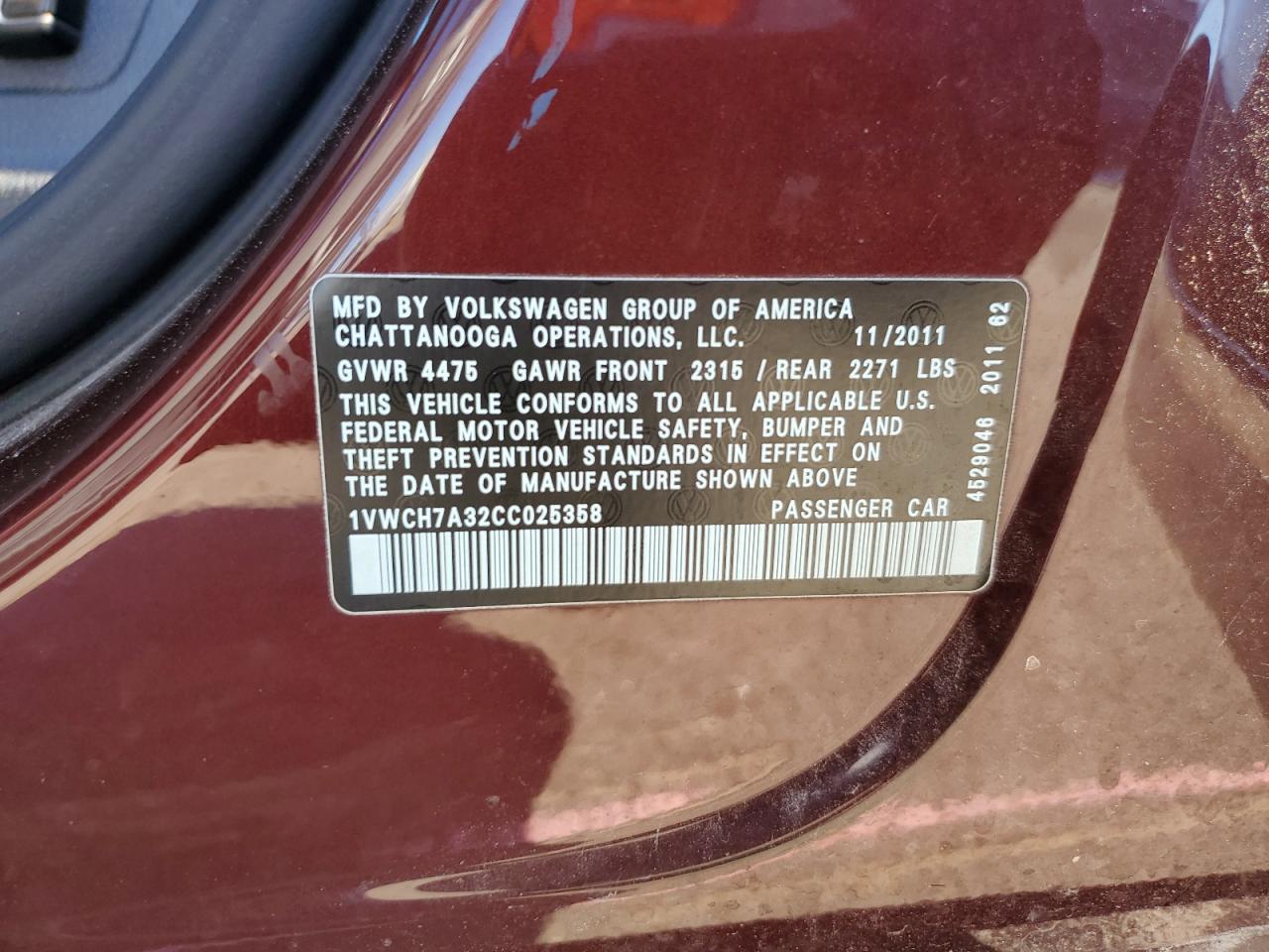2012 Volkswagen Passat Sel VIN: 1VWCH7A32CC025358 Lot: 61030495