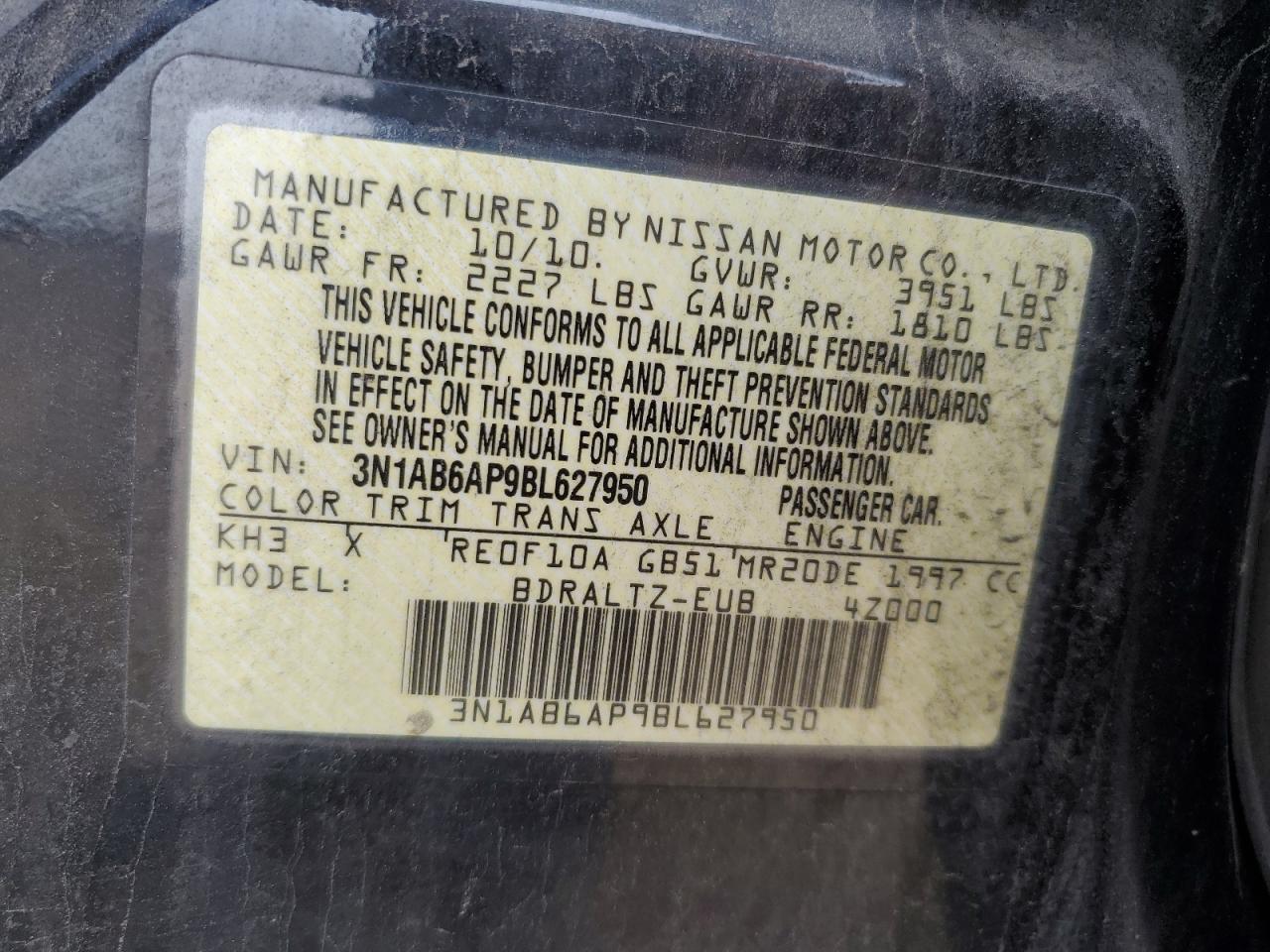 2011 Nissan Sentra 2.0 VIN: 3N1AB6AP9BL627950 Lot: 60076935