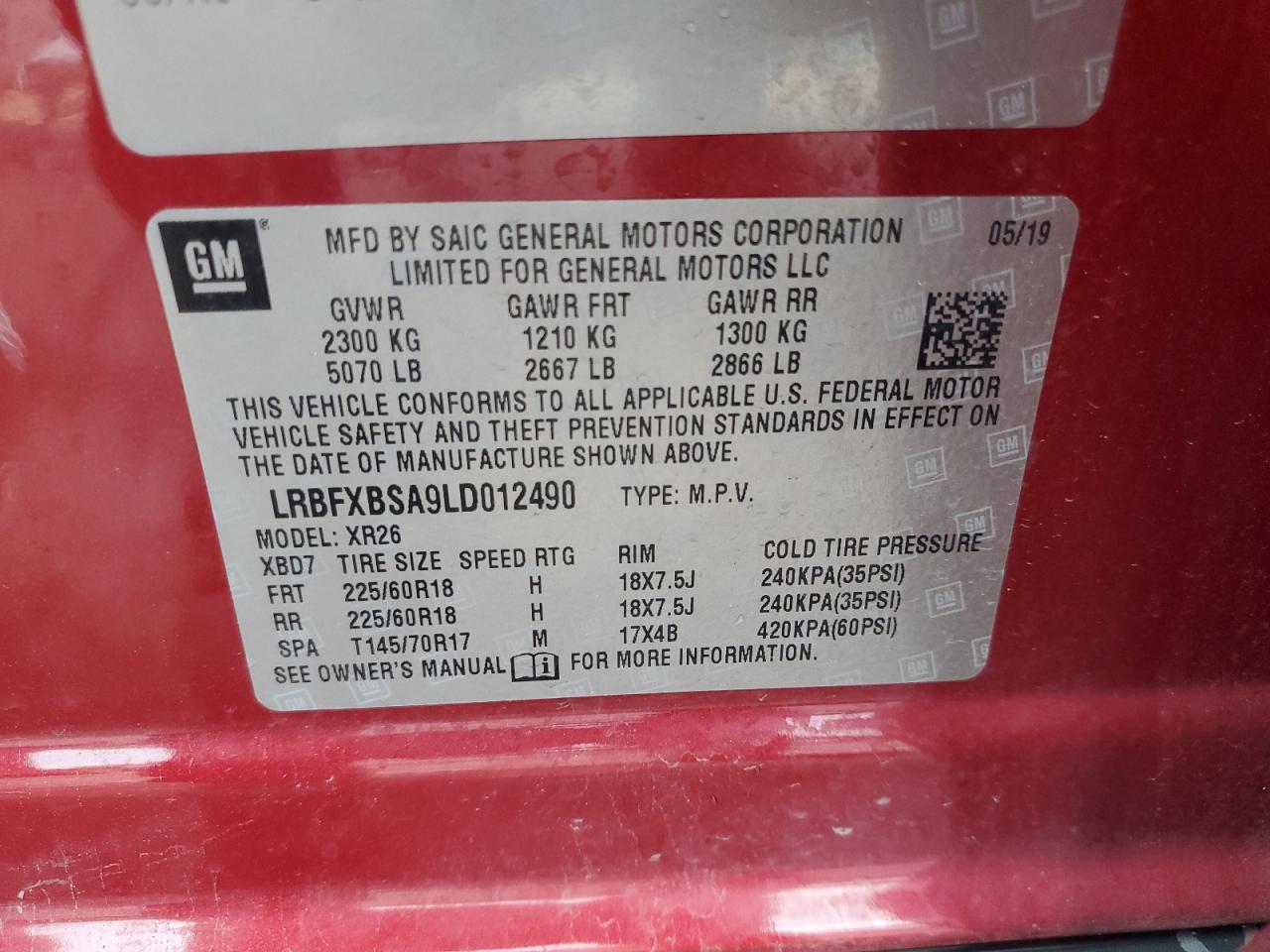 2020 Buick Envision Preferred VIN: LRBFXBSA9LD012490 Lot: 62290485