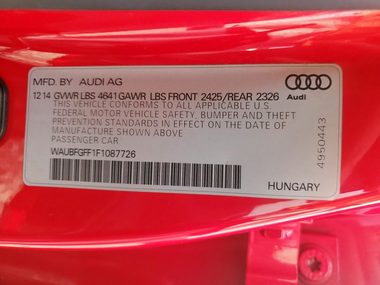 2015 Audi S3 Premium Plus VIN: WAUBFGFF1F1087726 Lot: 62791435