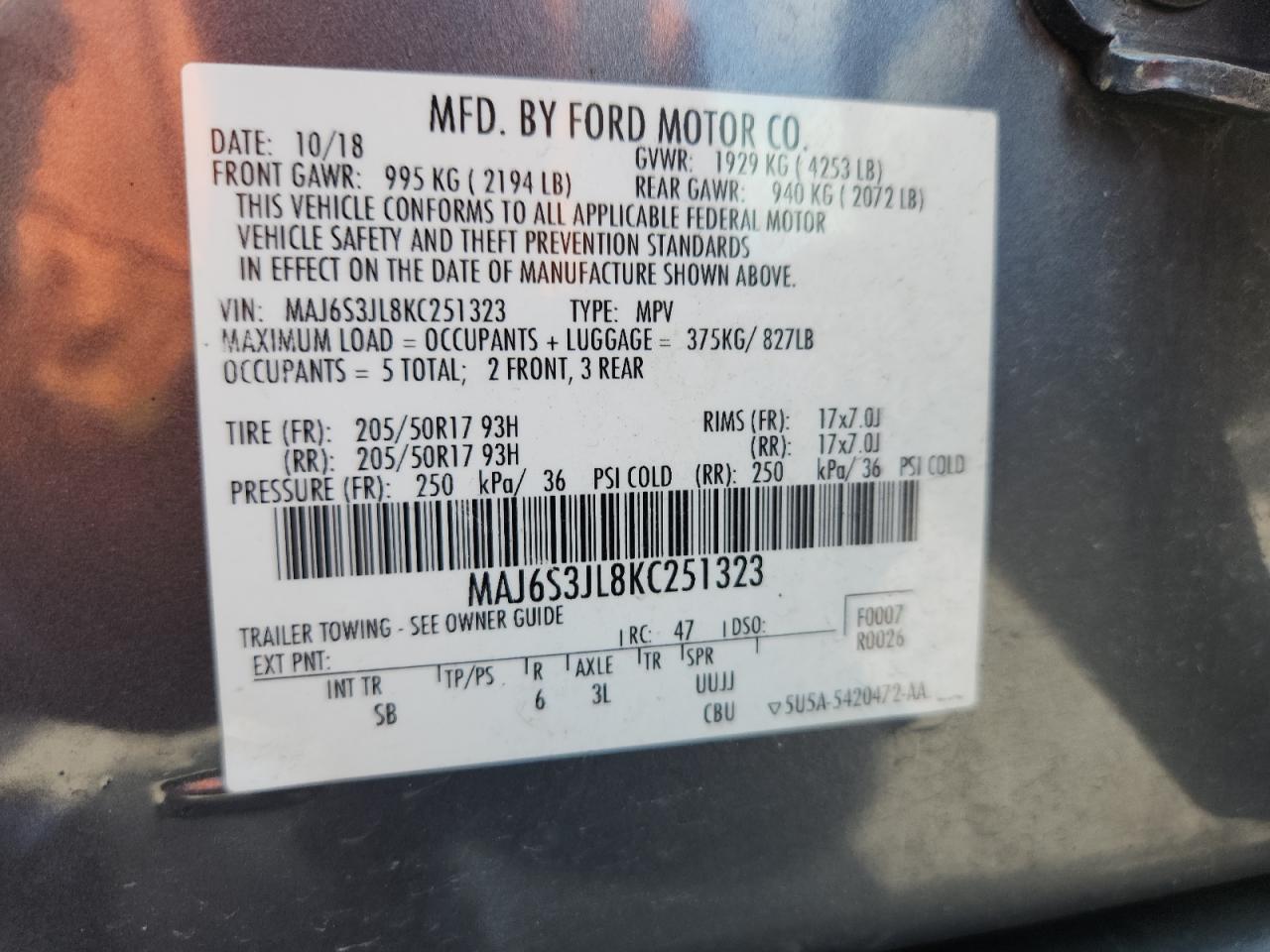 2019 Ford Ecosport Ses VIN: MAJ6S3JL8KC251323 Lot: 63031905