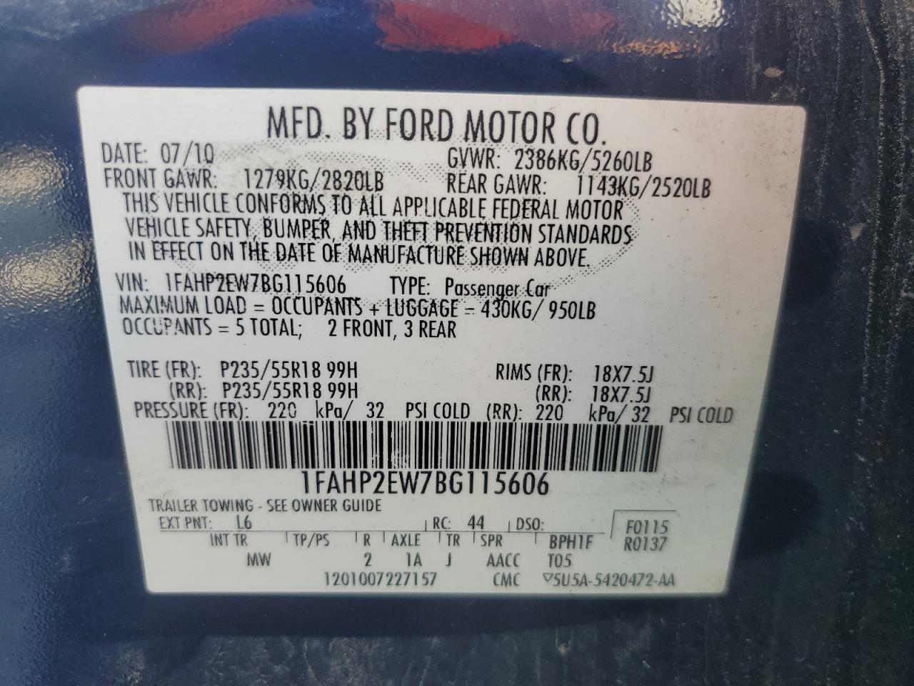 2011 Ford Taurus Sel VIN: 1FAHP2EW7BG115606 Lot: 62644535