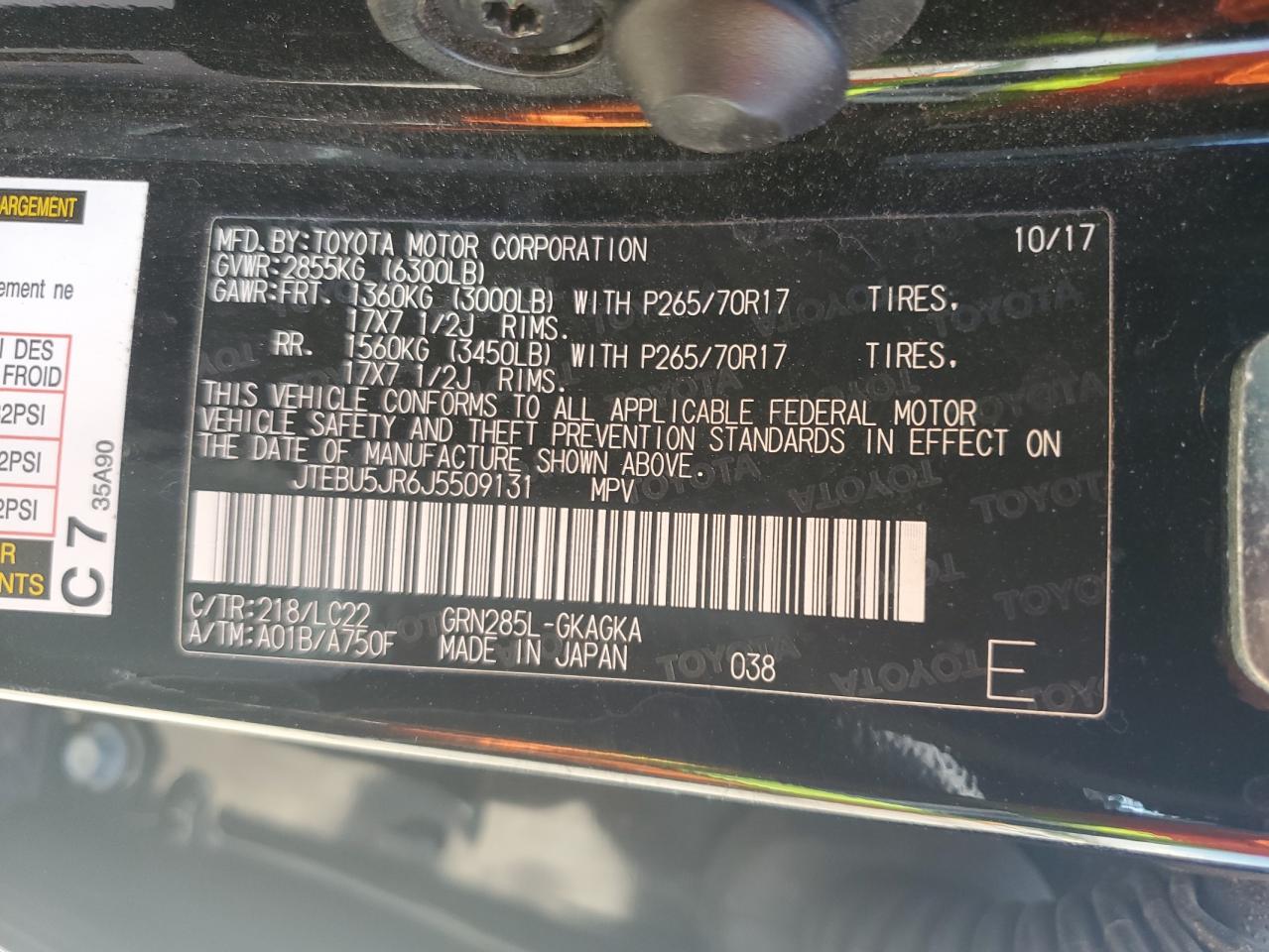 2018 Toyota 4Runner Sr5/Sr5 Premium VIN: JTEBU5JR6J5509131 Lot: 60235575