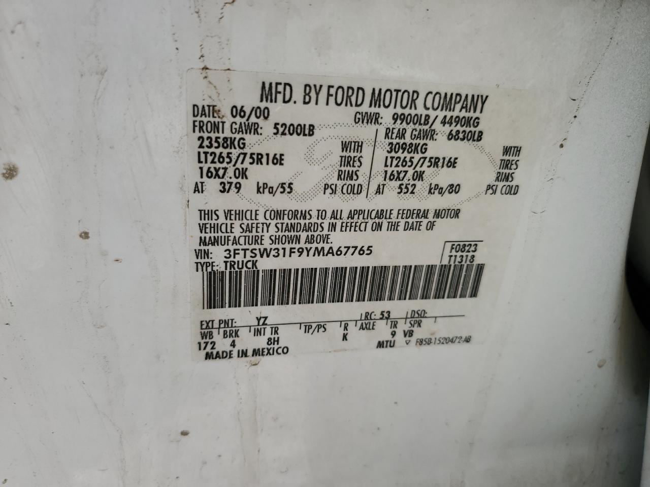 2000 Ford F350 Srw Super Duty VIN: 3FTSW31F9YMA67765 Lot: 62752475