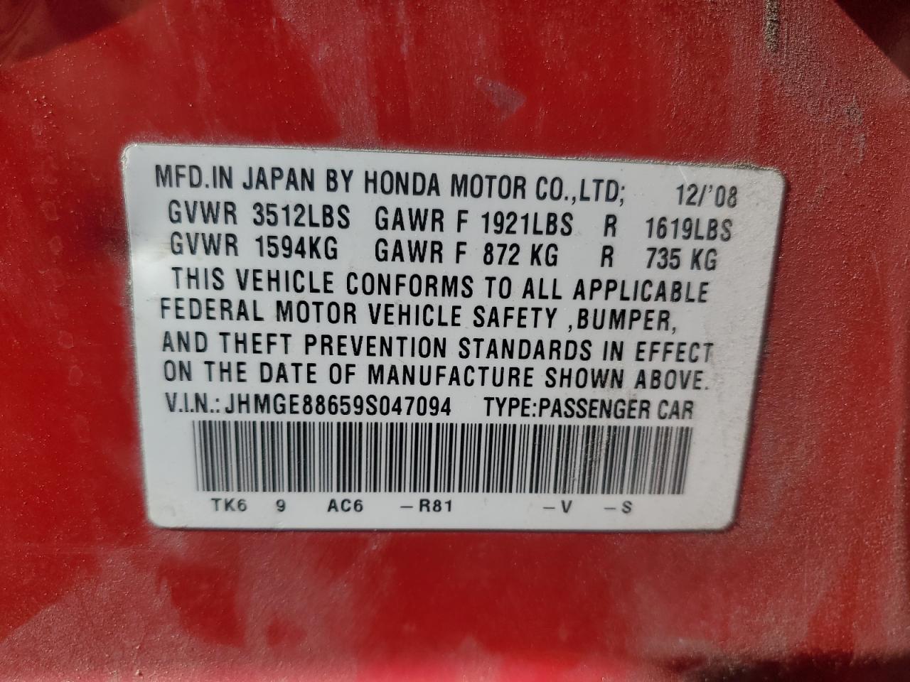 2009 Honda Fit Sport VIN: JHMGE88659S047094 Lot: 60245805